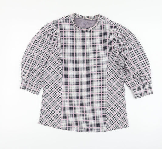 Savida Womens Pink Plaid Polyester Basic Blouse Size S Round Neck