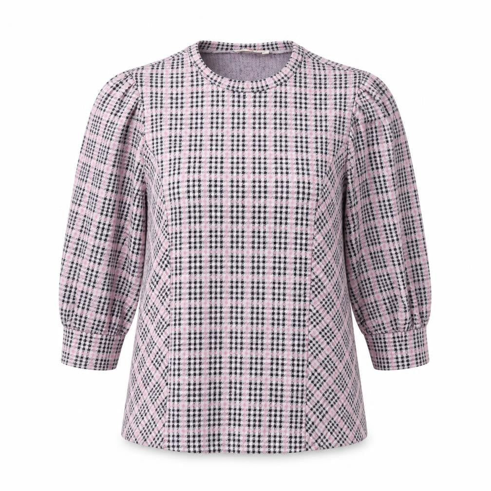Savida Womens Pink Plaid Polyester Basic Blouse Size S Round Neck
