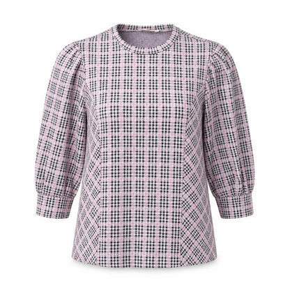 Savida Womens Pink Plaid Polyester Basic Blouse Size S Round Neck