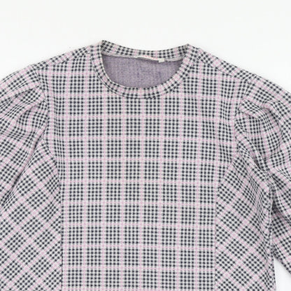 Savida Womens Pink Plaid Polyester Basic Blouse Size S Round Neck