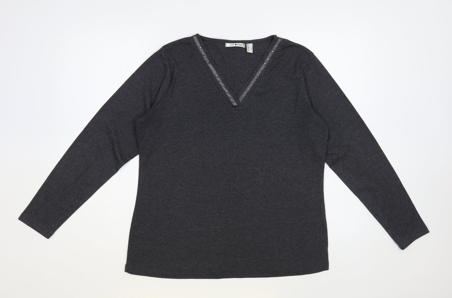 Punt Roma Womens Grey Cotton Basic T-Shirt Size L V-Neck - Embelished Neckline