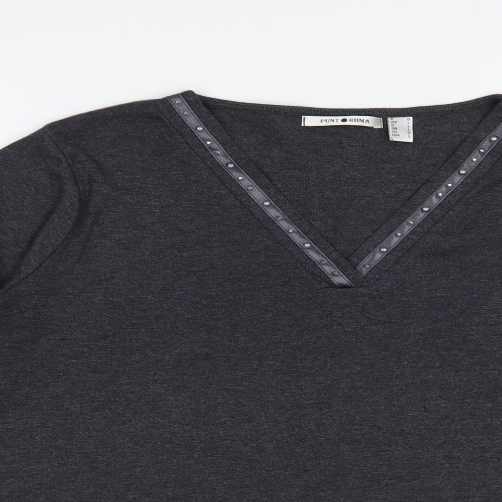 Punt Roma Womens Grey Cotton Basic T-Shirt Size L V-Neck - Embelished Neckline