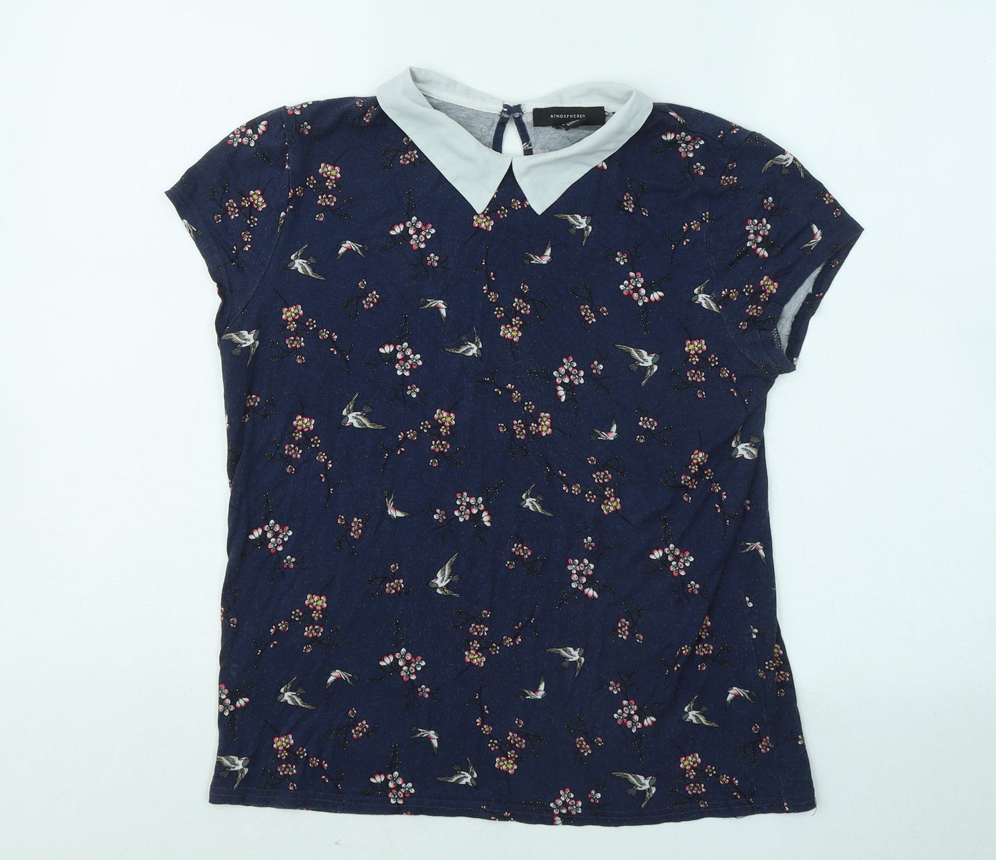 Atmoshpere Womens Blue Floral Viscose Basic T-Shirt Size 10 Collared