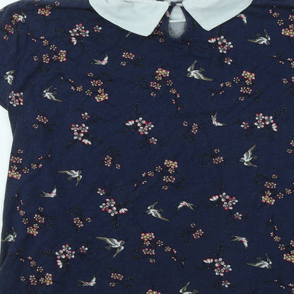 Preloved Atmoshpere Womens Blue Floral Viscose Basic T-Shirt Size 10 Collared - Label