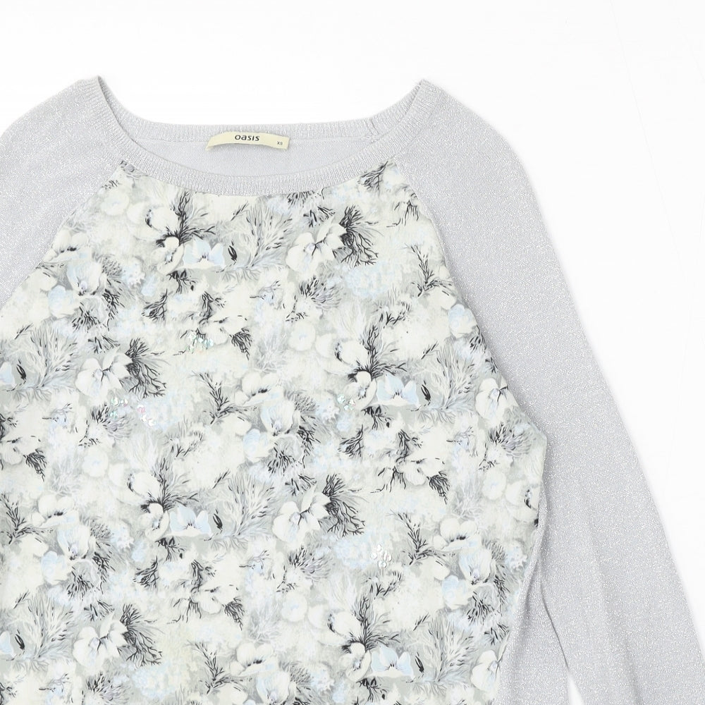 Oasis Womens Silver Round Neck Floral Viscose Pullover Jumper Size XS