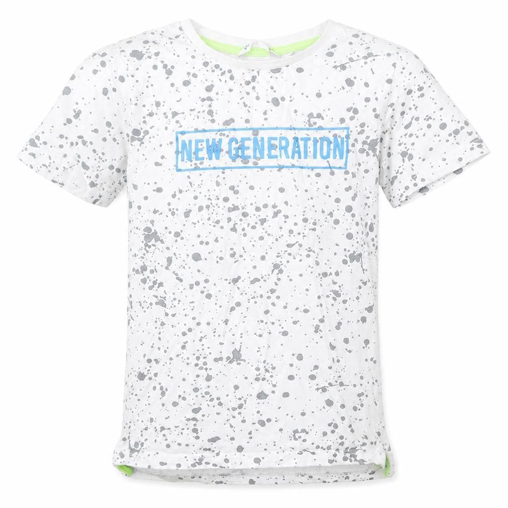 Pep&Co Boys White Geometric Cotton Basic T-Shirt Size 7-8 Years Round Neck - Paint Splatter, New Generation
