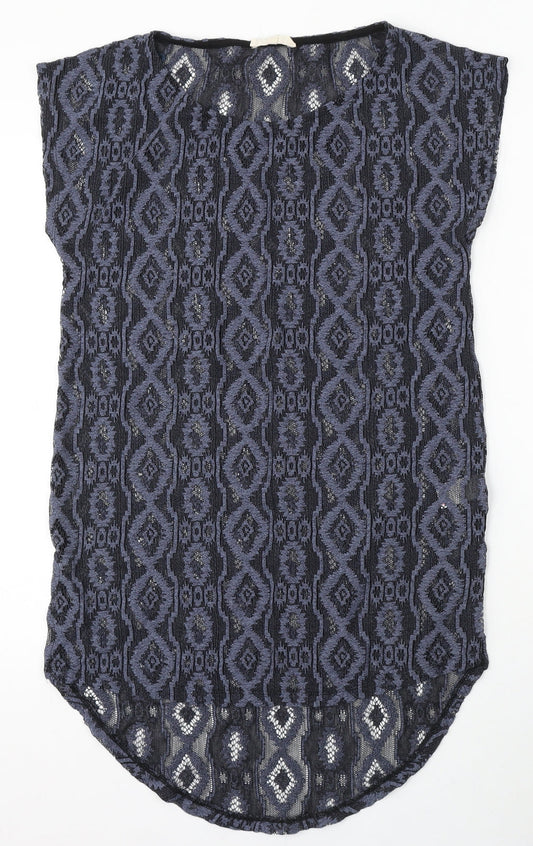 NEXT Womens Blue Geometric Polyester Basic T-Shirt Size S Round Neck