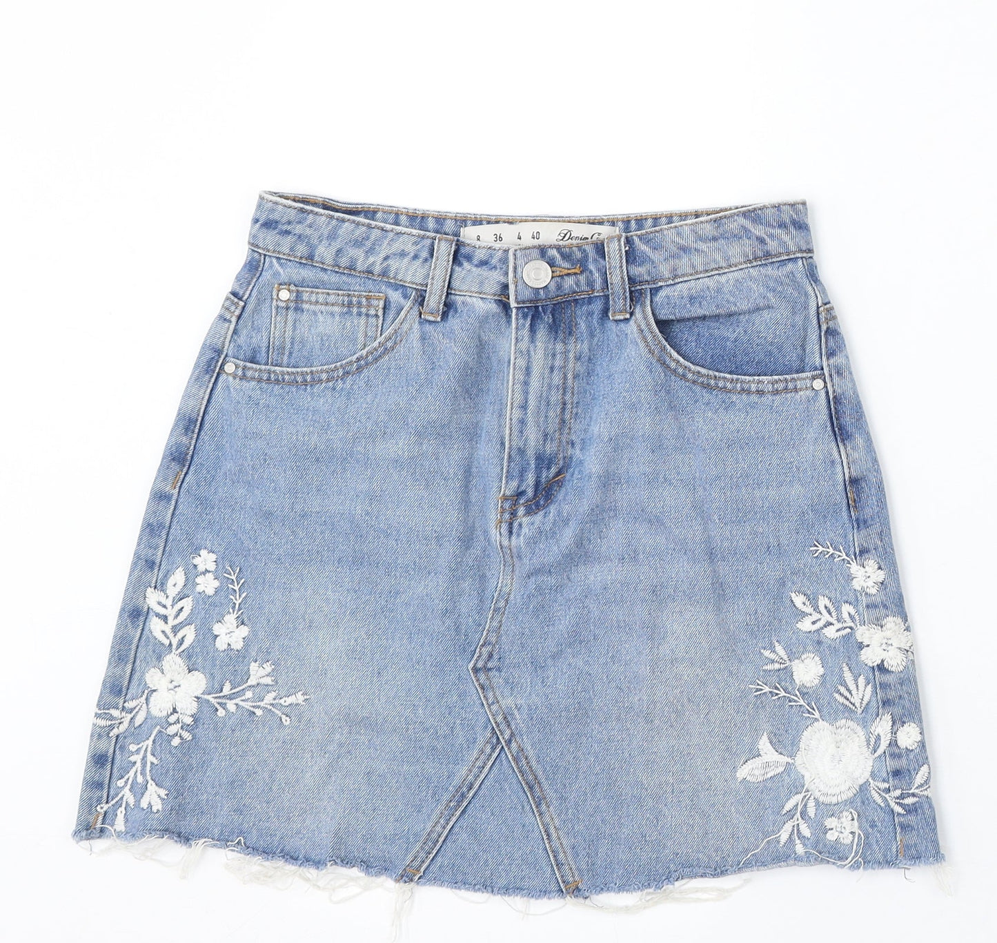 Denim & Co. Womens Blue Floral Cotton A-Line Skirt Size 8 Button