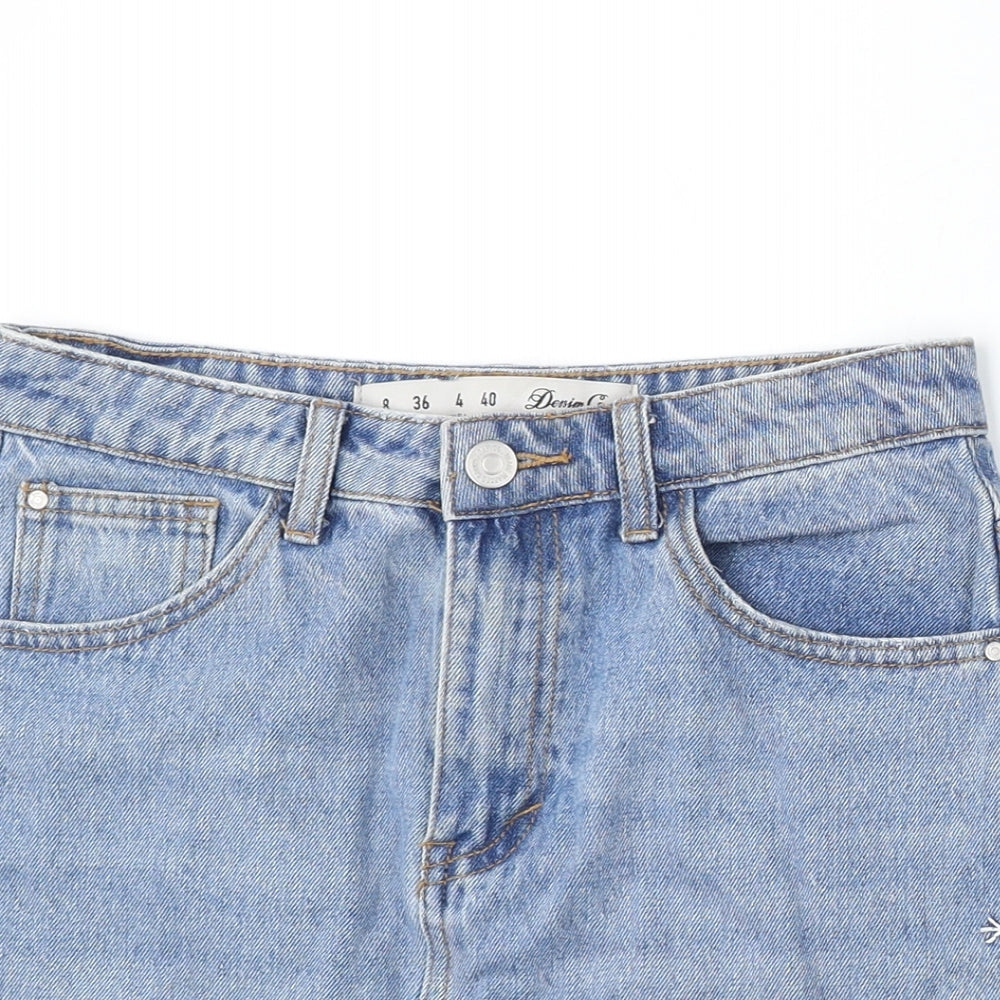 Denim & Co. Womens Blue Floral Cotton A-Line Skirt Size 8 Button
