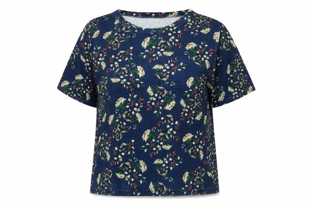 Cutie Womens Blue Floral Polyester Basic T-Shirt Size 12 Round Neck