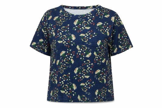 Cutie Womens Blue Floral Polyester Basic T-Shirt Size 12 Round Neck