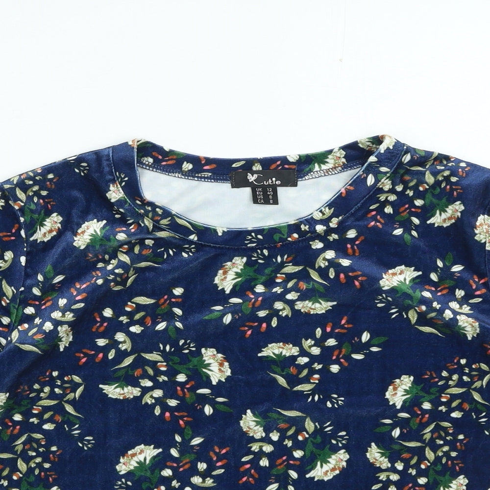 Cutie Womens Blue Floral Polyester Basic T-Shirt Size 12 Round Neck