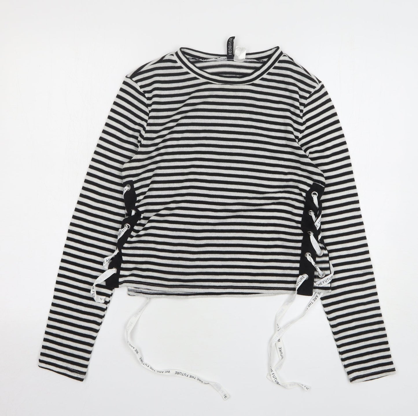 H&M Womens Black Round Neck Striped Polyester Pullover Jumper Size M - lace up detail