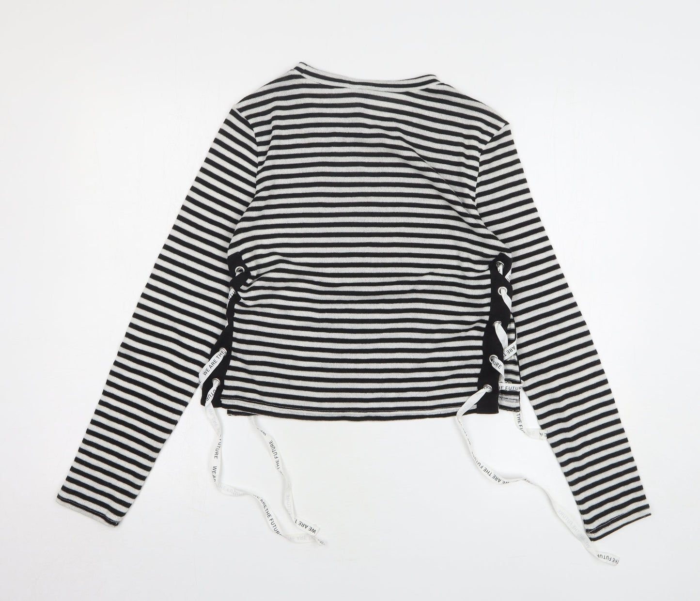 H&M Womens Black Round Neck Striped Polyester Pullover Jumper Size M - lace up detail