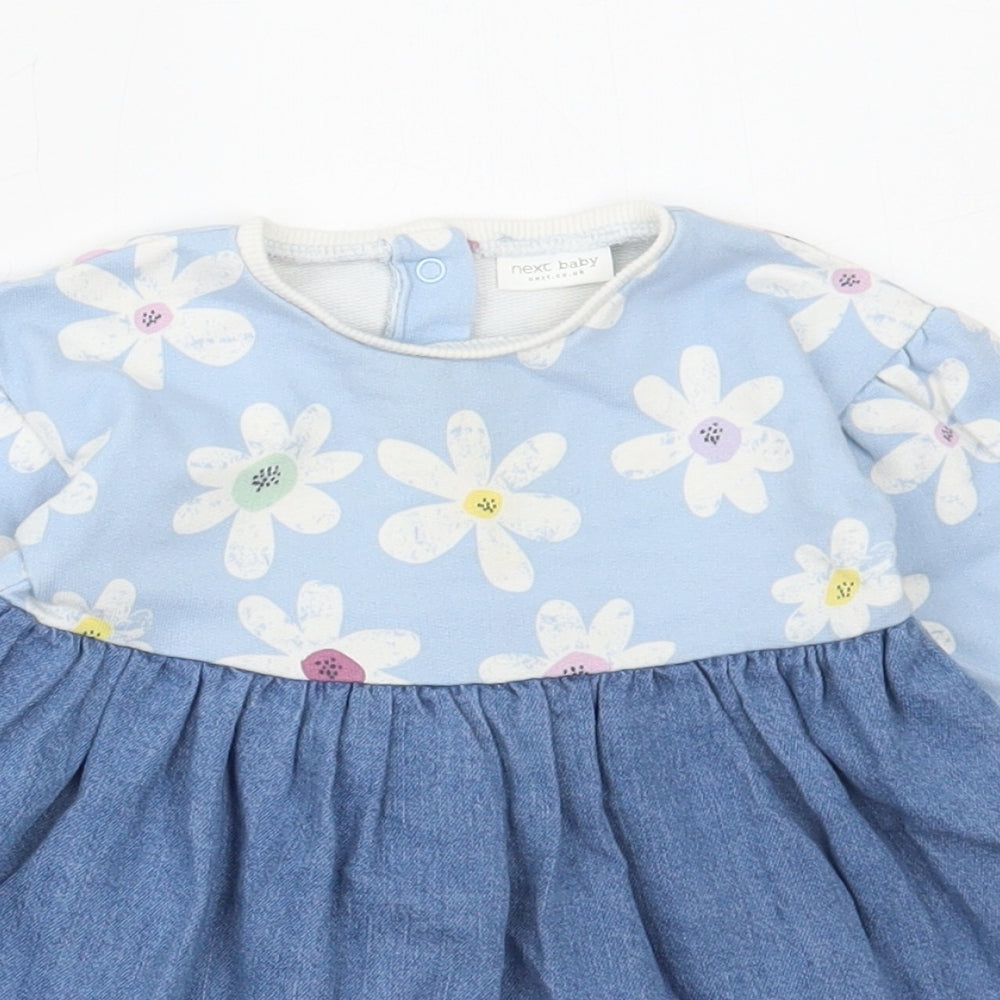 NEXT Girls Blue Floral Cotton Skater Dress Size 3-6 Months Round Neck Snap