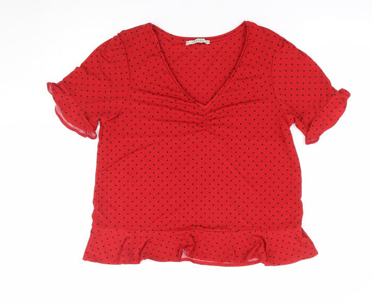 Oasis Womens Red Polka Dot Polyester Jersey T-Shirt Size M V-Neck