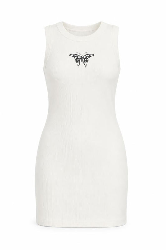 Divided by H&M Womens Ivory Cotton Tank Dress Size M Round Neck Pullover - Butterfly