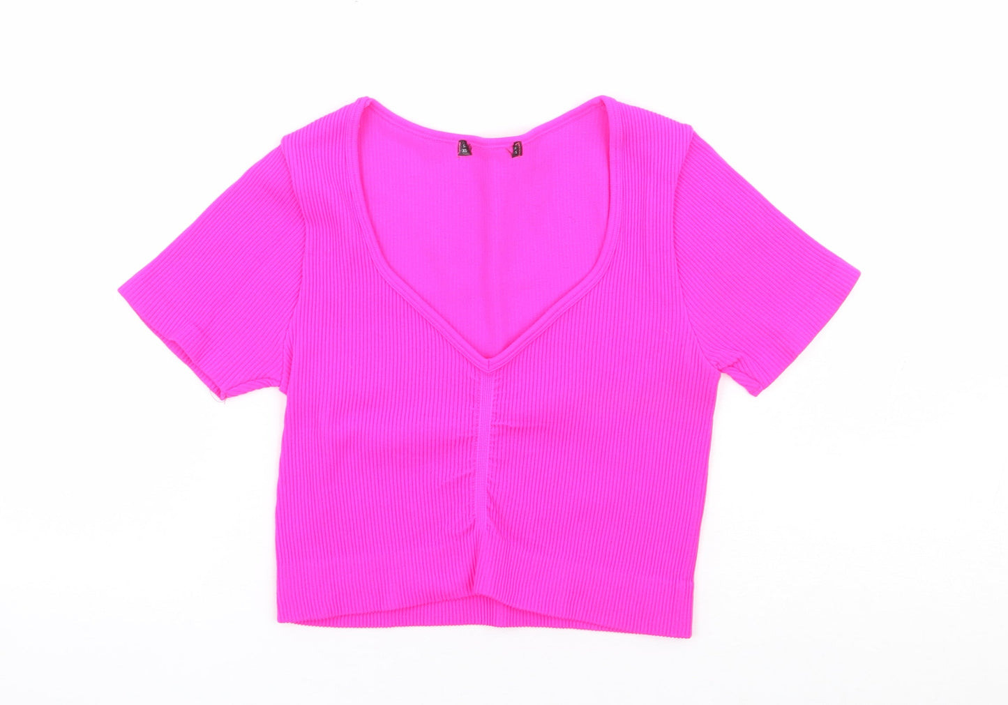 Preworn Womens Pink Polyester Cropped T-Shirt Size XS V-Neck - Ribbed