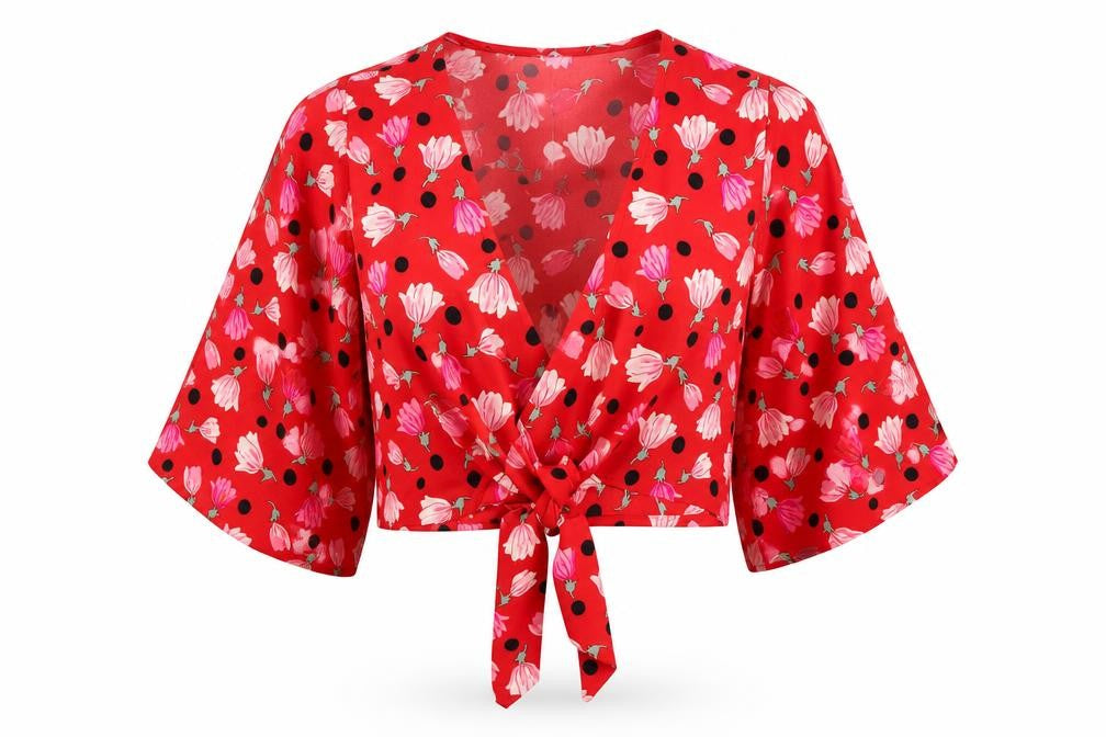 Topshop Womens Red Geometric Polyester Wrap Blouse Size 10 V-Neck - Tie Front