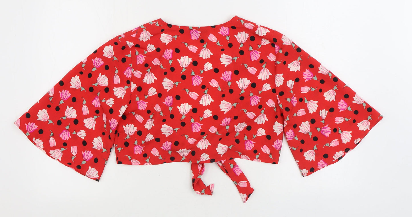 Topshop Womens Red Geometric Polyester Wrap Blouse Size 10 V-Neck - Tie Front