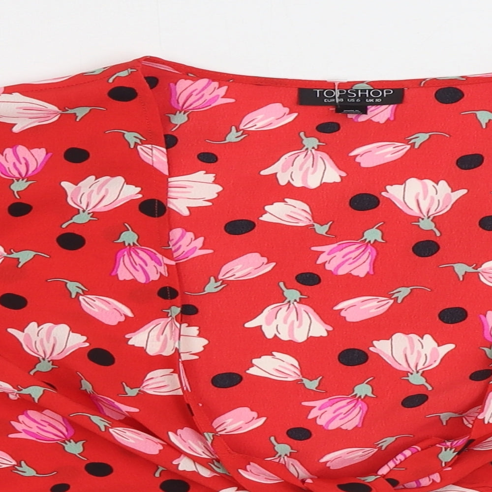 Topshop Womens Red Geometric Polyester Wrap Blouse Size 10 V-Neck - Tie Front