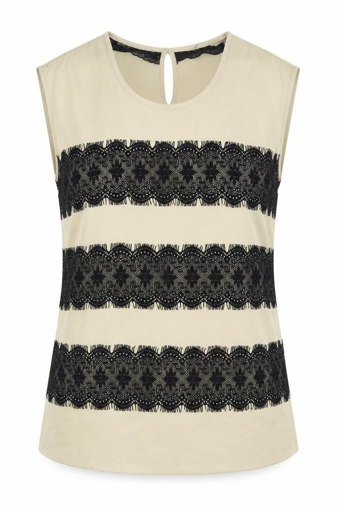 Sandwich Womens Ivory Striped Polyester Basic Blouse Size 8 Scoop Neck - Lace Detail