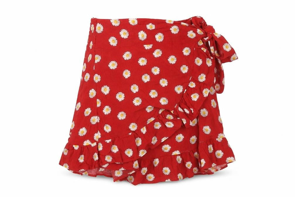 STR Womens Red Floral Viscose Wrap Skirt Size L Tie