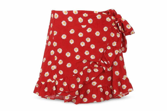Stradivarius Womens Red Floral Viscose Wrap Skirt Size L Tie