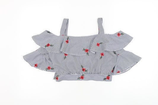 PARISIAN SIGNATURE Womens Blue Striped Polyester Cropped Blouse Size M Square Neck - Flower