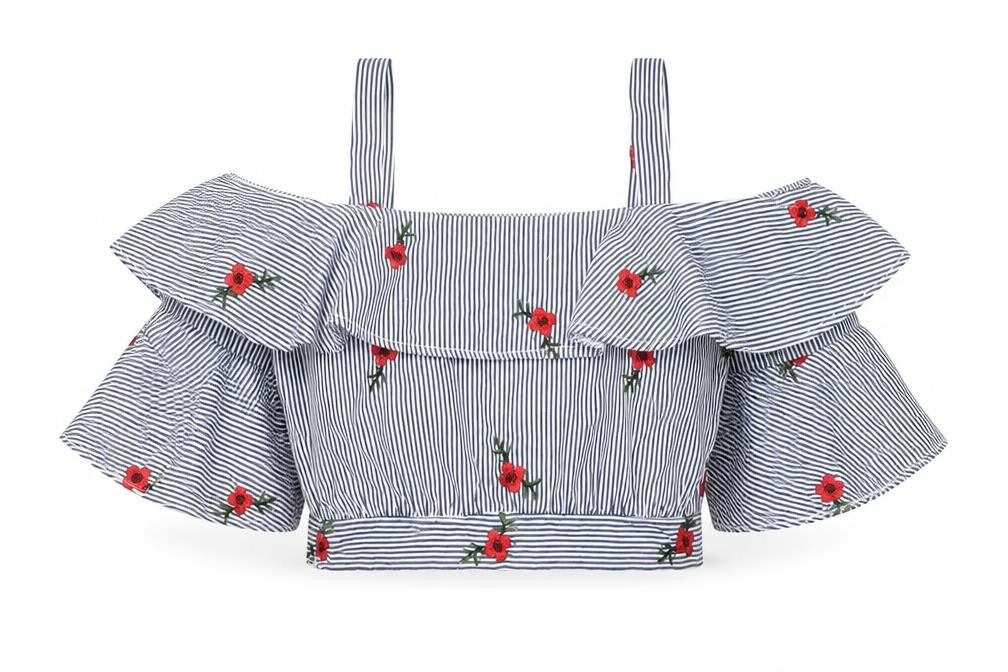 Parisian Signature Womens Blue Striped Polyester Cropped Blouse Size M Square Neck - Flower