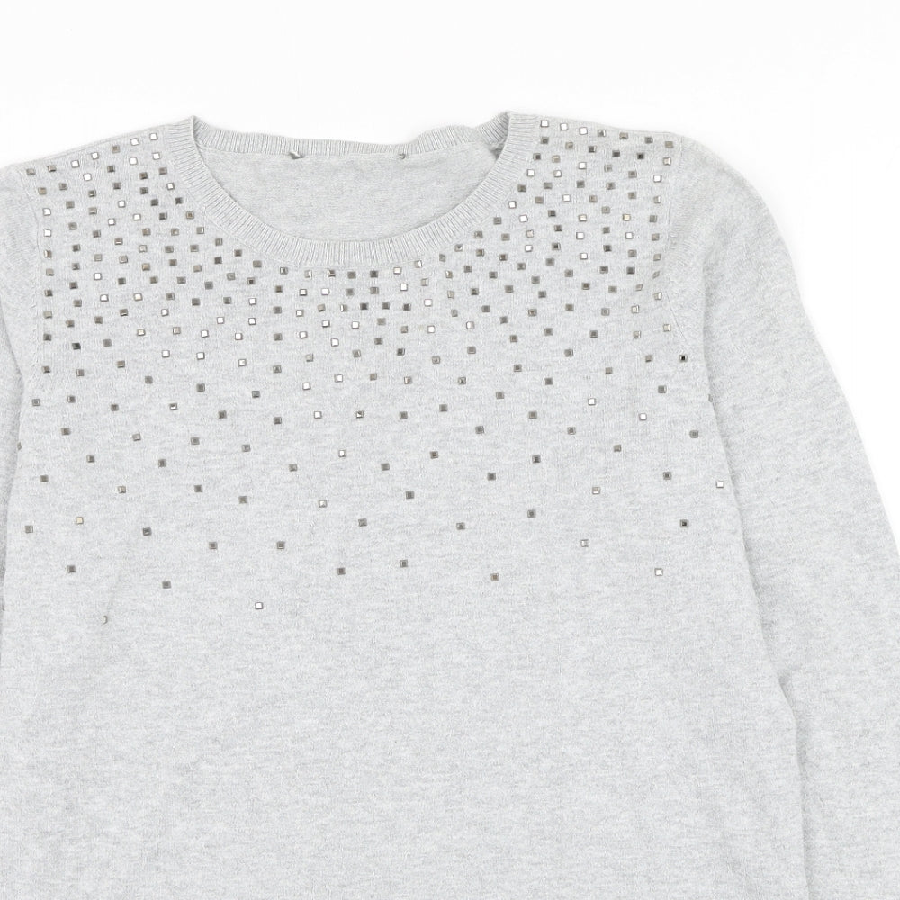 Oasis Womens Grey Round Neck Cotton Pullover Jumper Size S