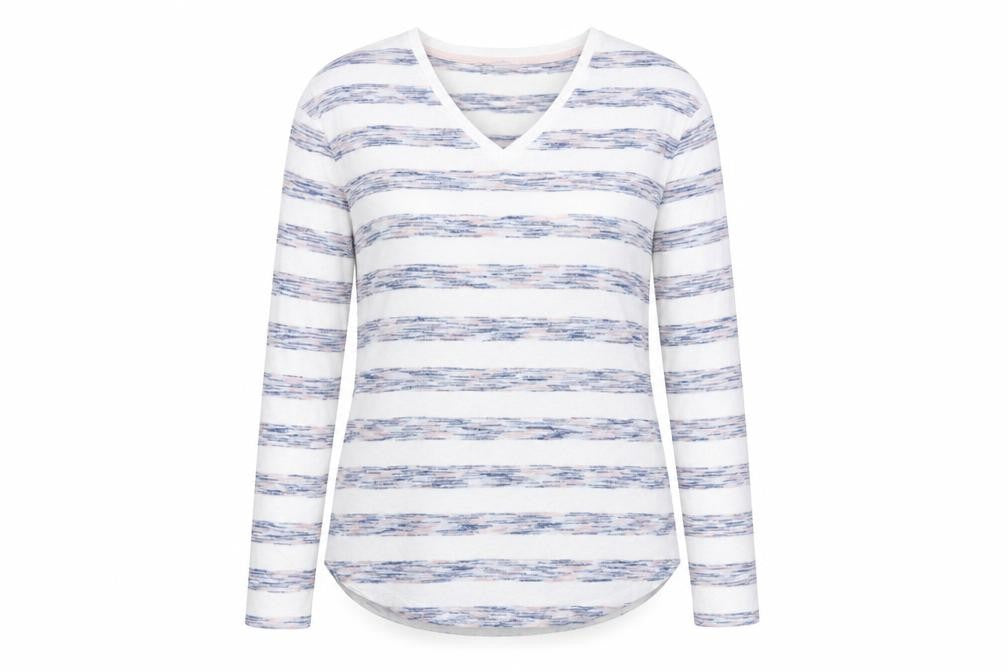 Marks & Spencer Womens White V-Neck Striped Viscose Pullover Jumper Size 14