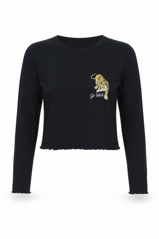 Topshop Womens Black Cotton Cropped T-Shirt Size 6 Round Neck - Tiger Lettuce Hem