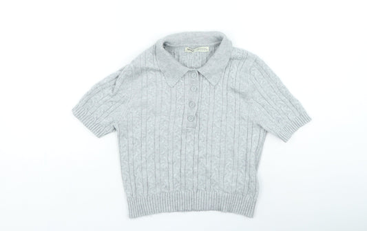 Pull&Bear Womens Grey Collared Viscose Pullover Jumper Size S