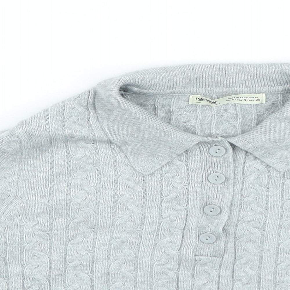 Pull&Bear Womens Grey Collared Viscose Pullover Jumper Size S