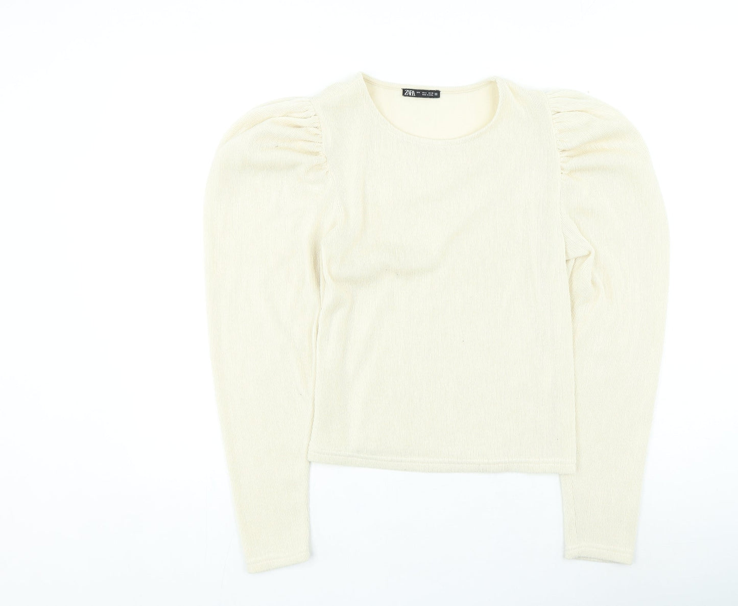 Zara Womens Beige Round Neck Acrylic Pullover Jumper Size S - Puff Sleeve