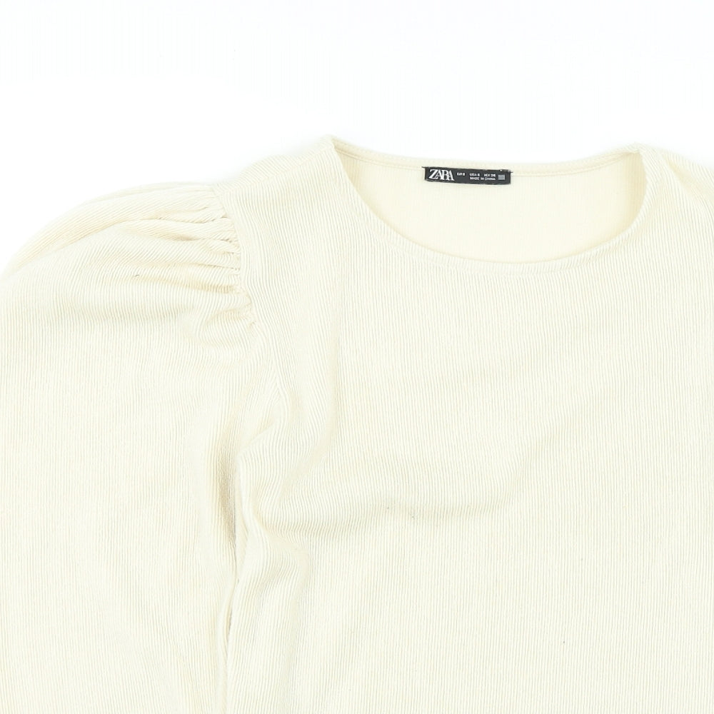 Zara Womens Beige Round Neck Acrylic Pullover Jumper Size S - Puff Sleeve