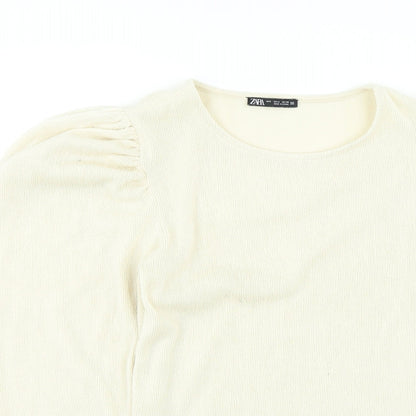 Zara Womens Beige Round Neck Acrylic Pullover Jumper Size S - Puff Sleeve
