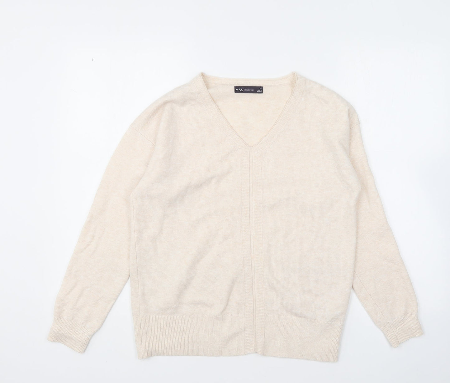 Marks and Spencer Womens Beige V-Neck Polyester Pullover Jumper Size XS