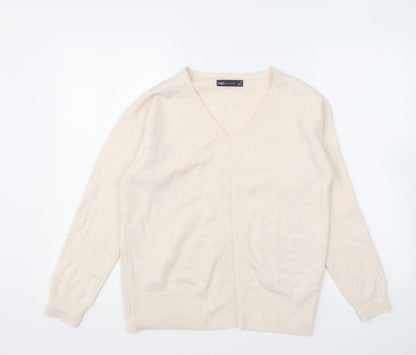Marks & Spencer Womens Beige V-Neck Polyester Pullover Jumper Size XS