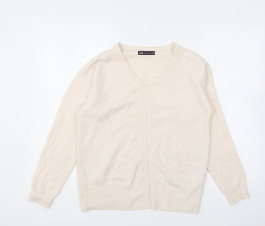 Marks and Spencer Womens Beige V-Neck Polyester Pullover Jumper Size XS