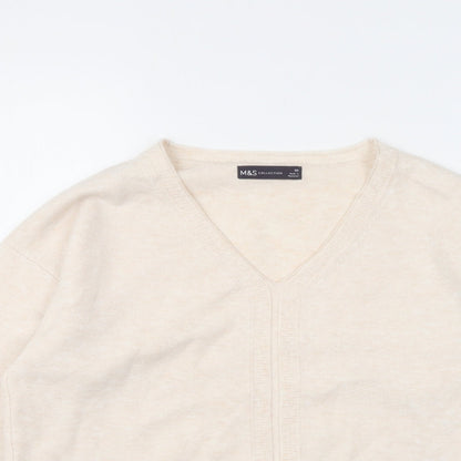 Marks & Spencer Womens Beige V-Neck Polyester Pullover Jumper Size XS
