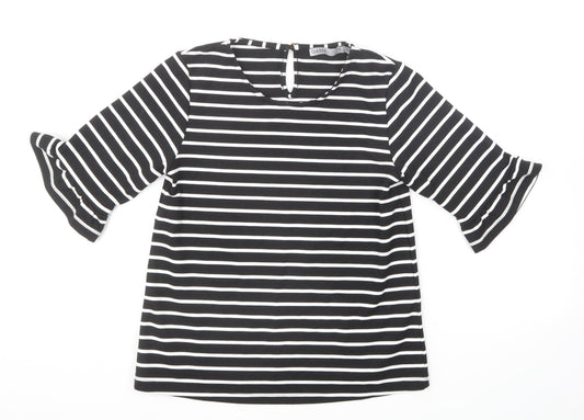 Oasis Womens Black Striped Polyester Basic T-Shirt Size XS Round Neck