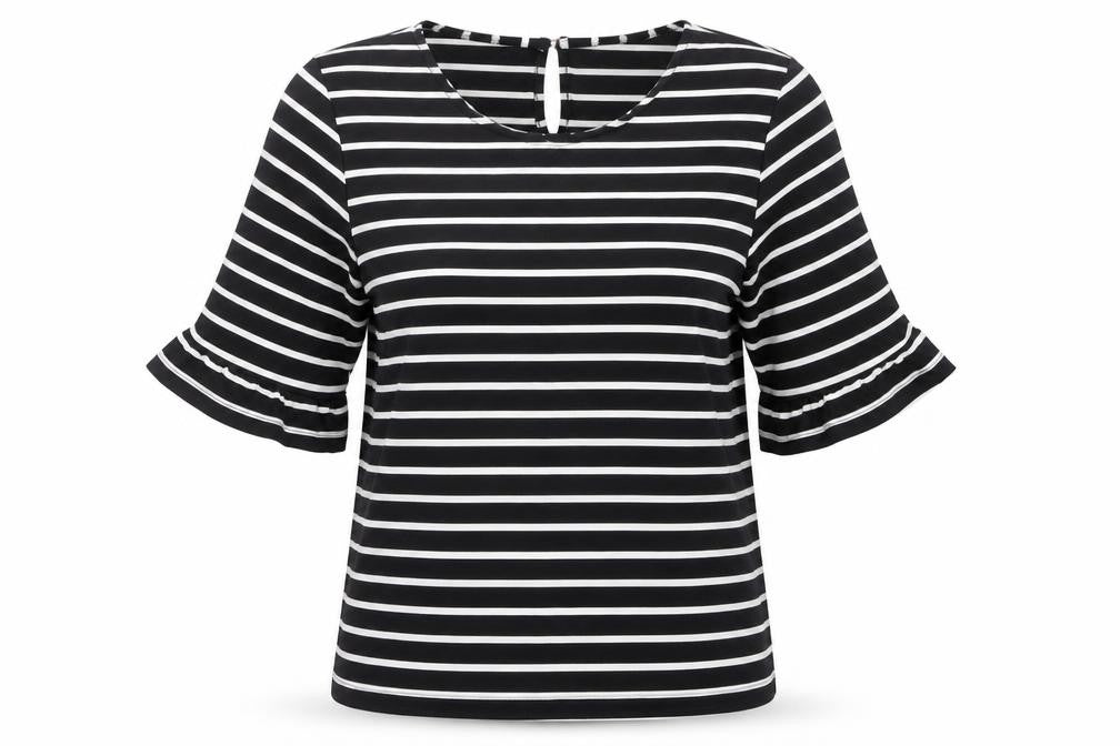 Oasis Womens Black Striped Polyester Basic T-Shirt Size XS Round Neck