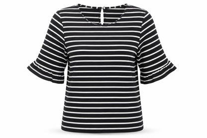 Oasis Womens Black Striped Polyester Basic T-Shirt Size XS Round Neck