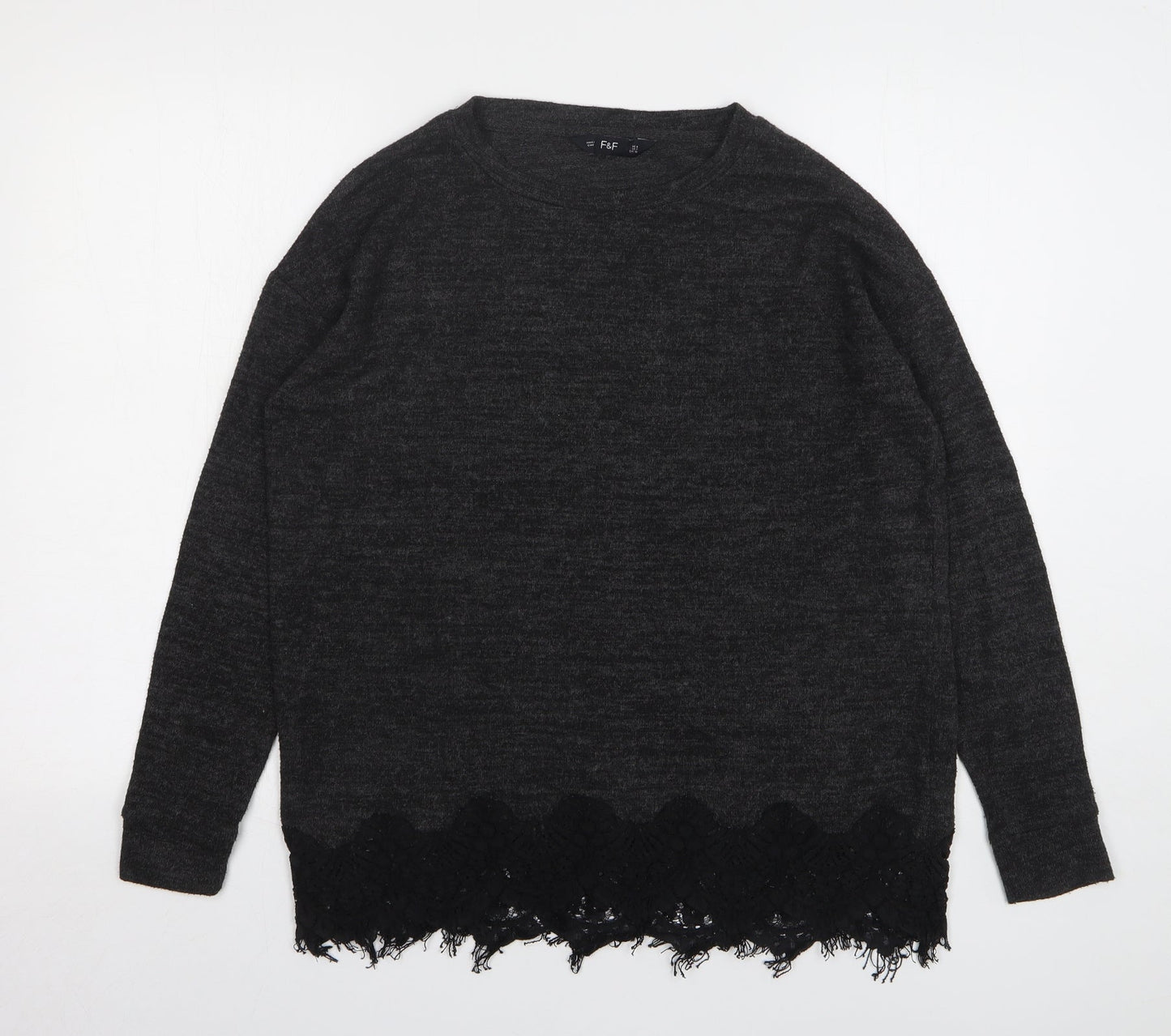 F&F Womens Grey Round Neck Polyester Pullover Jumper Size 8 - Lace Trims