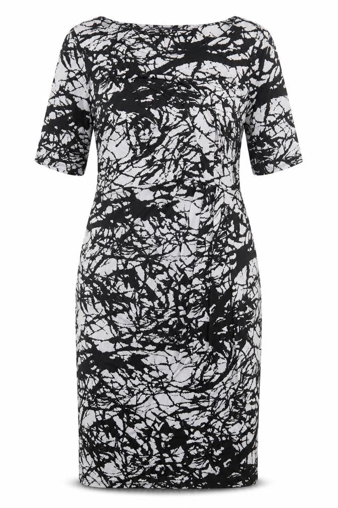 Marks & Spencer Womens Black Geometric Polyester Pencil Dress Size 12 Crew Neck Pullover - Twist Front