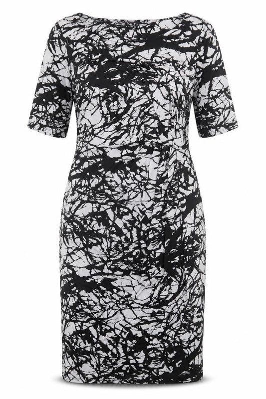 Marks & Spencer Womens Black Geometric Polyester Pencil Dress Size 12 Crew Neck Pullover - Twist Front