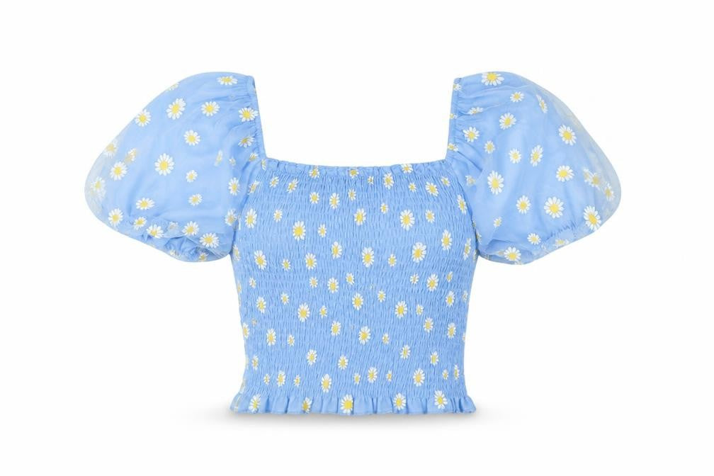 Cameo Rose Womens Blue Floral Polyimide Basic T-Shirt Size S Round Neck - Puff Sleeves