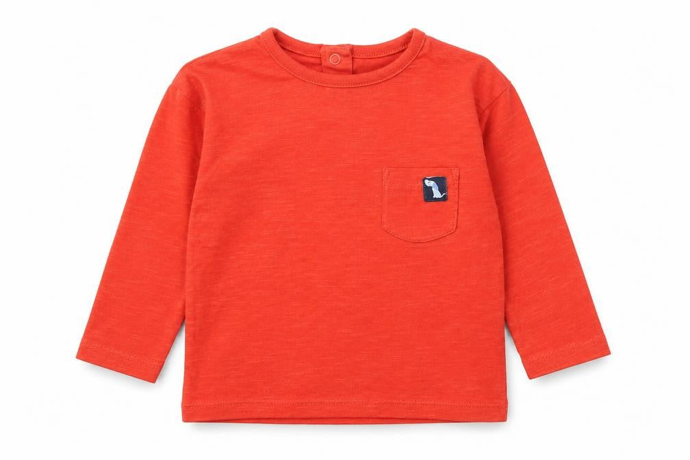 Dunnes Stores Boys Red Cotton Basic T-Shirt Size 6-9 Months Round Neck Snap - Dog Pocket Detail